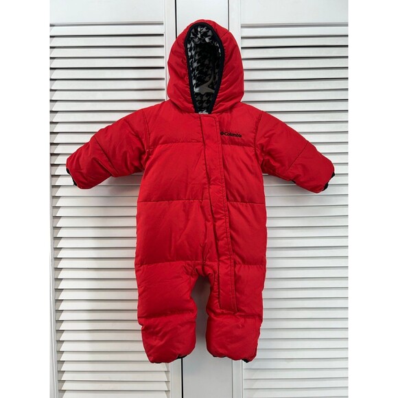 Columbia size 6-12M down Snowsuit red w/ black & white fleece houndstooth lining - Picture 1 of 8